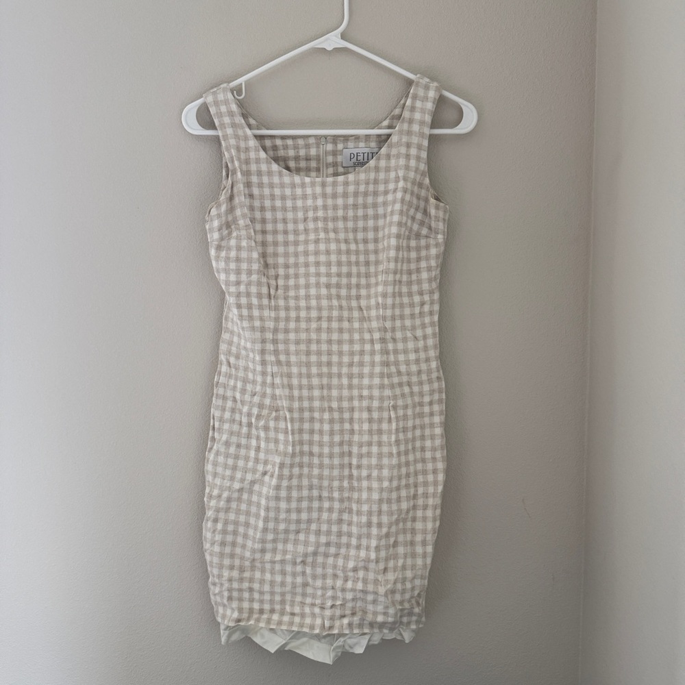 Vintage 90s white and cream gingham linen mini dress